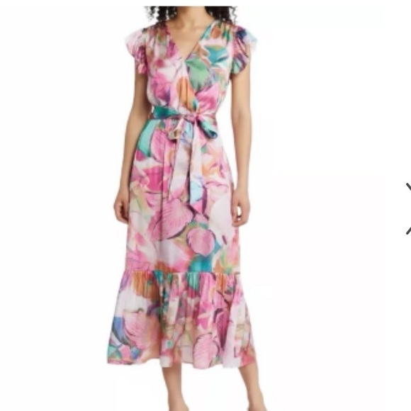 Sam Edelman Women’s Colorburst Leaf Print Faux Wrap Midi Dress - Picture 1 of 10